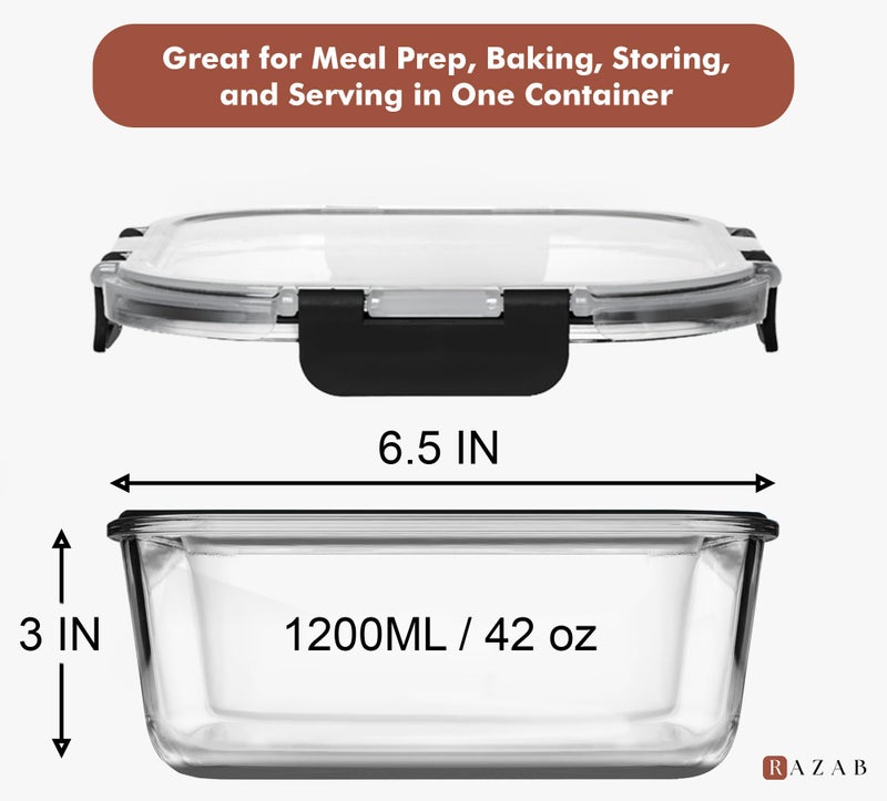 Razab 2 PC 1200ML / 41 Oz Glass Food Storage Containers with Lids - Airtight & Leakproof - Microwave/Oven/Freezer Safe - BPA Free - Ideal for Meal Prep, Storing Leftover & Lunch - Image 2